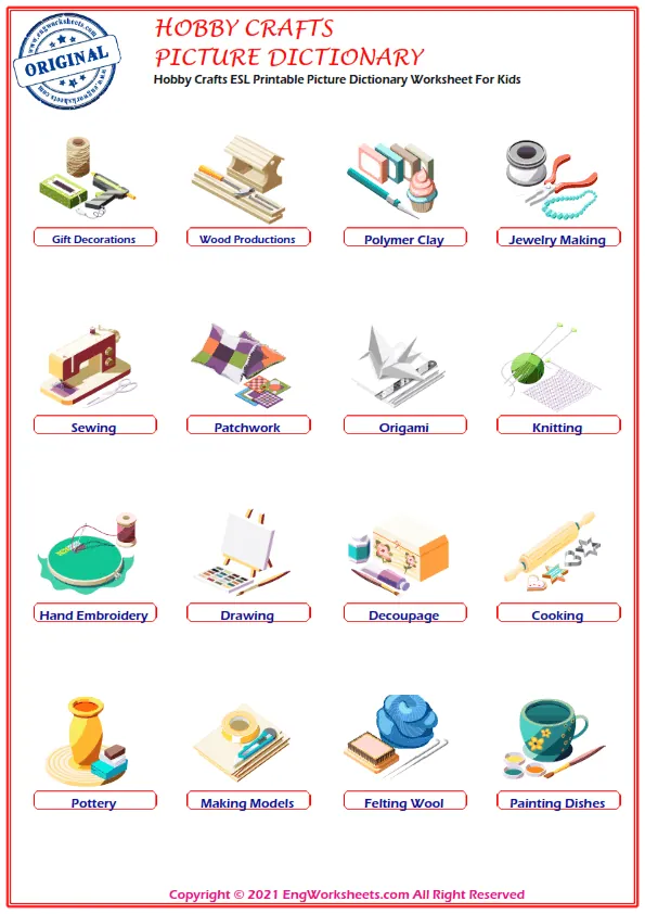 Hobby Crafts ESL Printable Picture Dictionary Worksheet For Kids Worksheet Preview