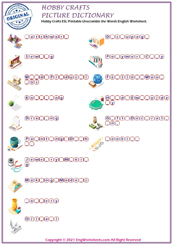 Hobby Crafts ESL Printable Unscramble the Words English Worksheet. Worksheet Preview