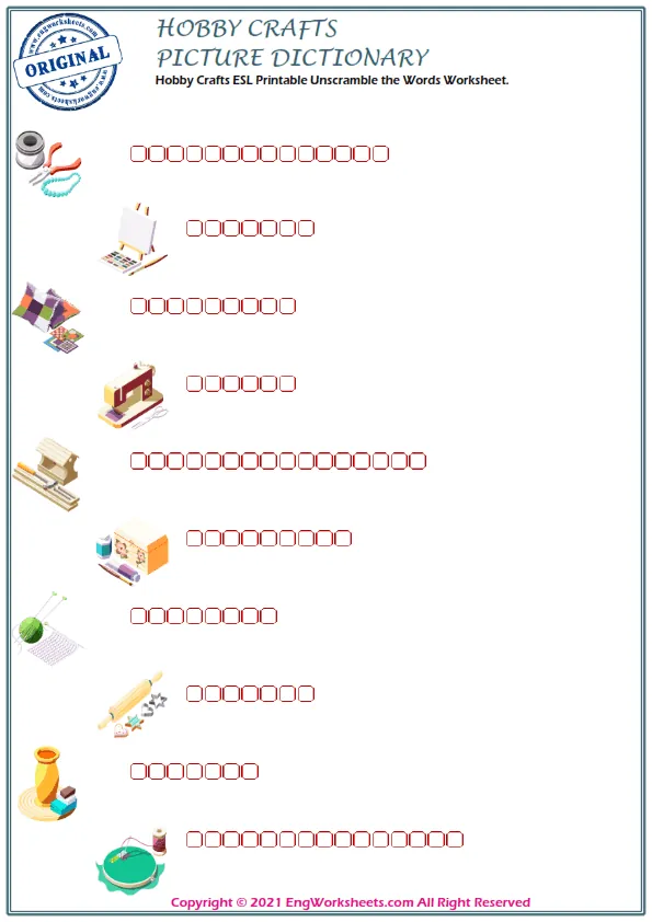 Hobby Crafts ESL Printable Unscramble the Words Worksheet. Worksheet Preview