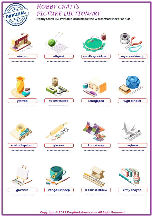 Hobby Crafts ESL Printable Unscramble the Words Worksheet For Kids Worksheet Preview