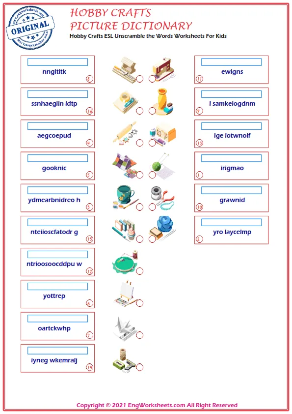 Hobby Crafts ESL Unscramble the Words Worksheets For Kids Worksheet Preview