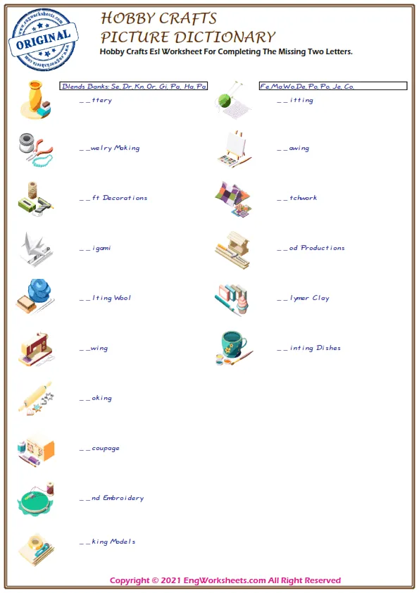 Hobby Crafts Esl Worksheet For Completing The Missing Two Letters. Worksheet Preview