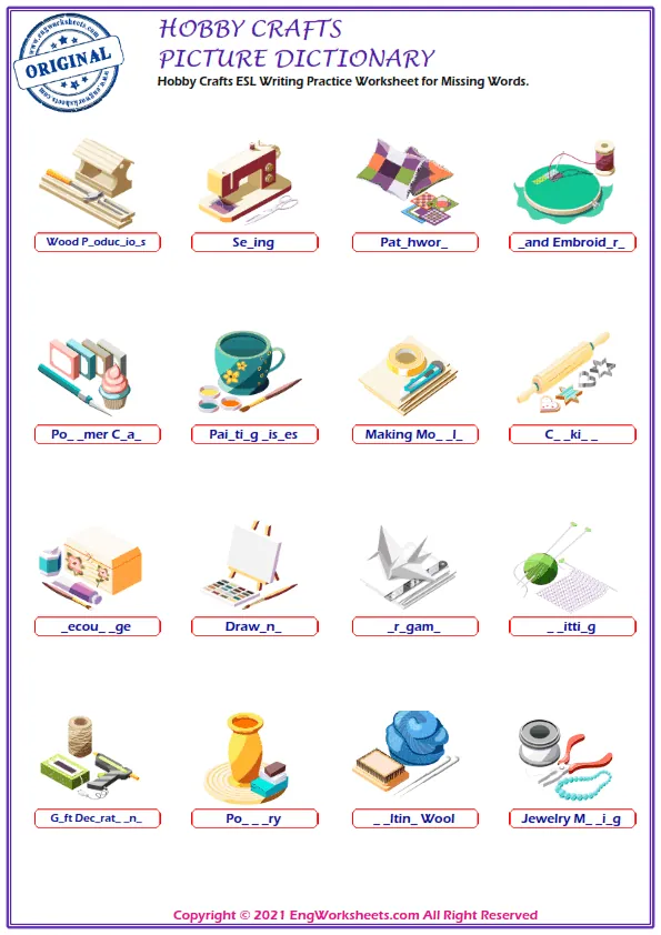 Hobby Crafts ESL Writing Practice Worksheet for Missing Words. Worksheet Preview