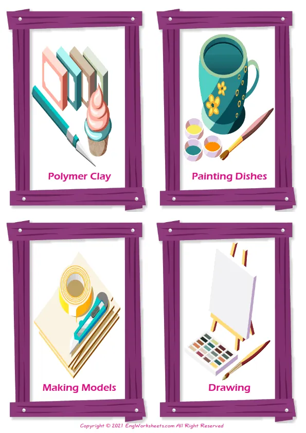Hobby Crafts vocabulary worksheet with words, four images per page Worksheet Preview