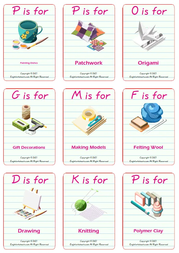 Hobby Crafts vocabulary worksheet with words, nine images per page