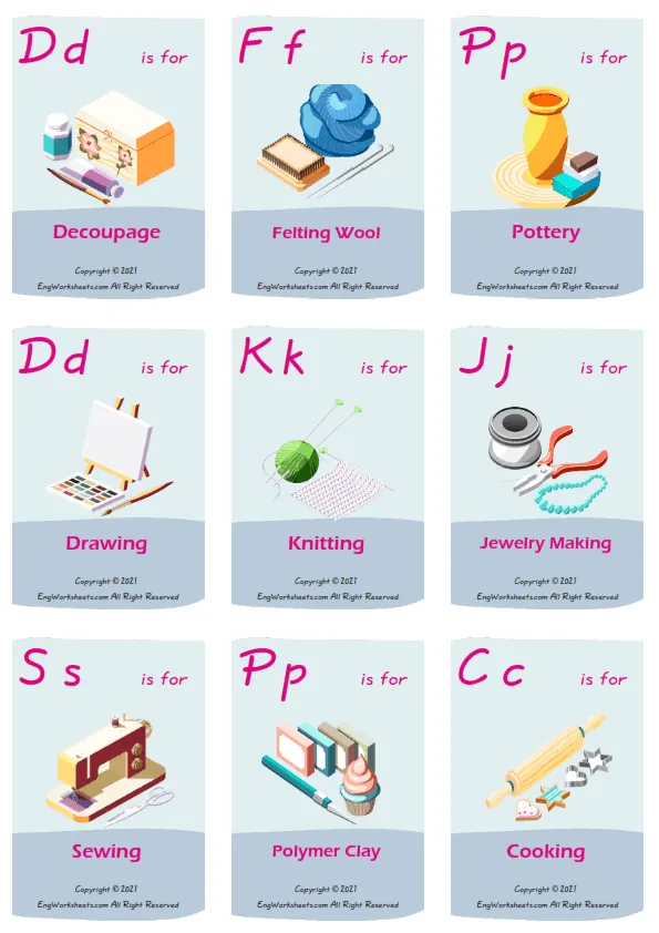 Hobby Crafts vocabulary worksheet with words, nine images per page