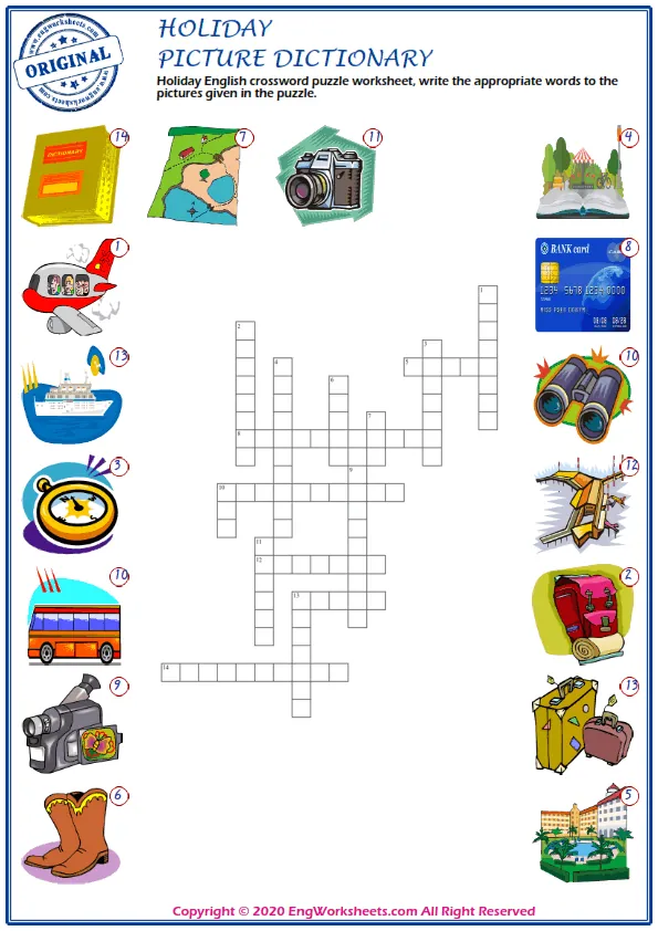 Holiday English crossword puzzle worksheet, write the appropriate words to the pictures given in the puzzle. Worksheet Preview