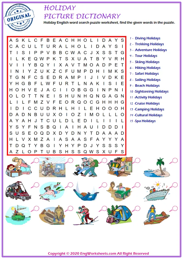 Holiday English word search puzzle worksheet, find the given words in the puzzle.