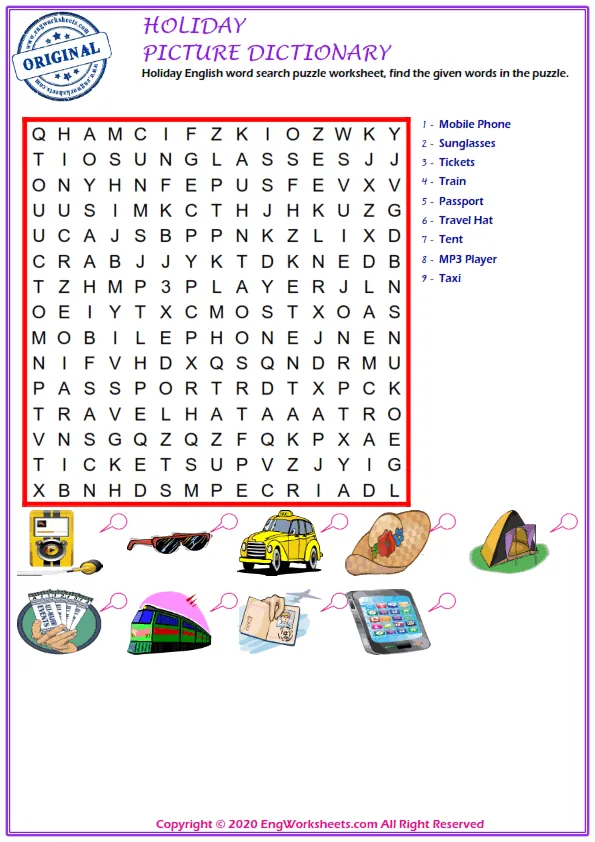 Holiday English word search puzzle worksheet, find the given words in the puzzle. Worksheet Preview