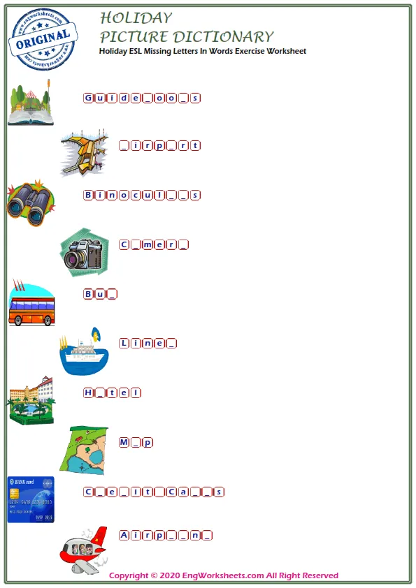 Holiday ESL Missing Letters In Words Exercise Worksheet Worksheet Preview