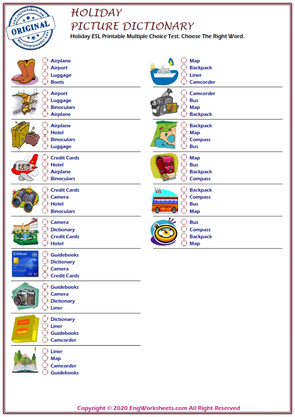 Holiday ESL Printable Multiple Choice Test. Choose The Right Word. Worksheet Preview