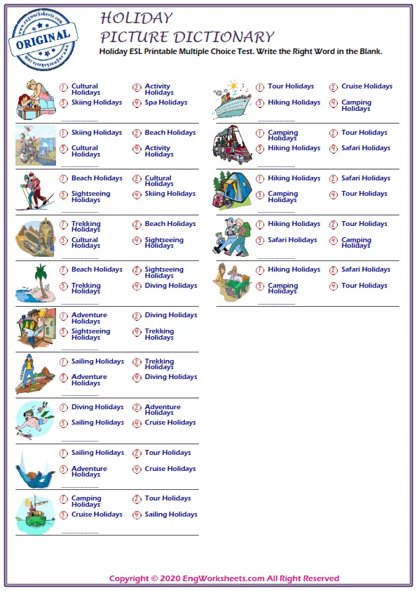 Holiday ESL Printable Multiple Choice Test. Write the Right Word in the Blank.