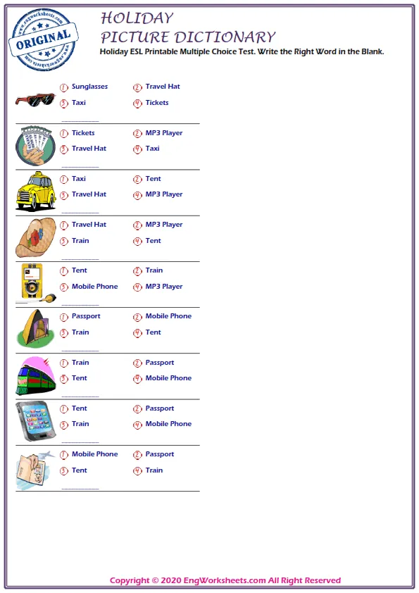 Holiday ESL Printable Multiple Choice Test. Write the Right Word in the Blank. Worksheet Preview