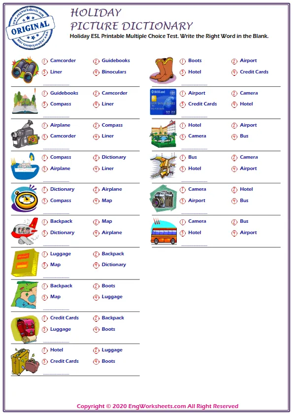 Holiday ESL Printable Multiple Choice Test. Write the Right Word in the Blank. Worksheet Preview