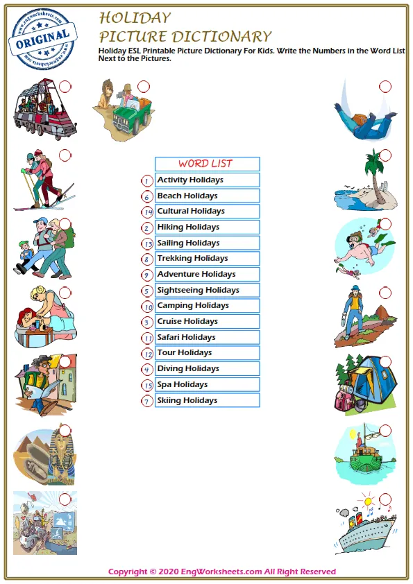 Holiday ESL Printable Picture Dictionary For Kids. Write the Numbers in the Word List Next to the Pictures. Worksheet Preview