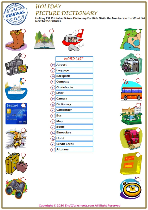 Holiday ESL Printable Picture Dictionary For Kids. Write the Numbers in the Word List Next to the Pictures. Worksheet Preview