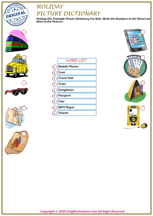 Holiday ESL Printable Picture Dictionary For Kids. Write the Numbers in the Word List Next to the Pictures. Worksheet Preview