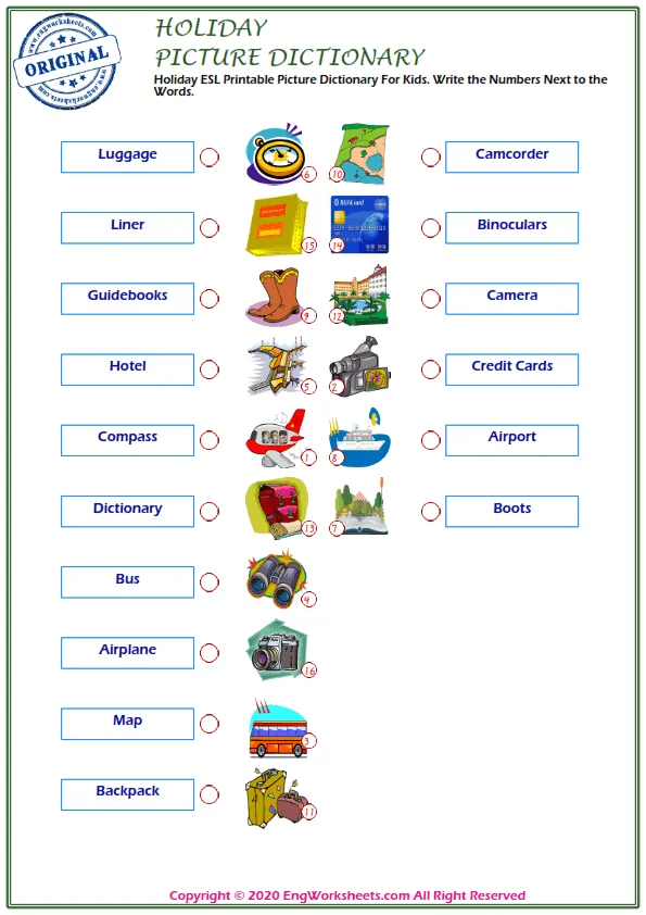 Holiday ESL Printable Picture Dictionary For Kids. Write the Numbers Next to the Words. Worksheet Preview