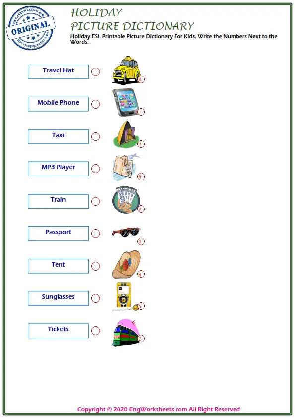 Holiday ESL Printable Picture Dictionary For Kids. Write the Numbers Next to the Words.