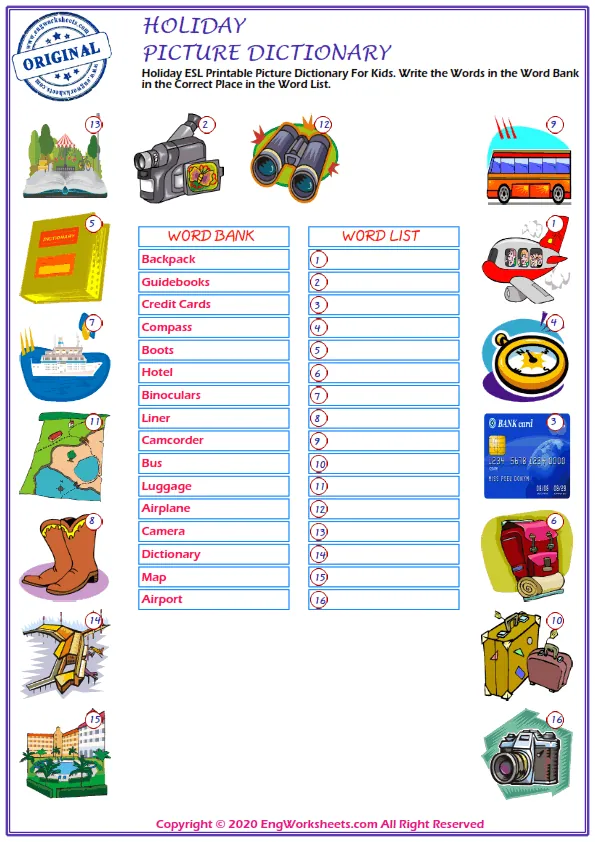 Holiday ESL Printable Picture Dictionary For Kids. Write the Words in the Word Bank in the Correct Place in the Word List.