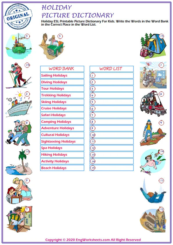 Holiday ESL Printable Picture Dictionary For Kids. Write the Words in the Word Bank in the Correct Place in the Word List.