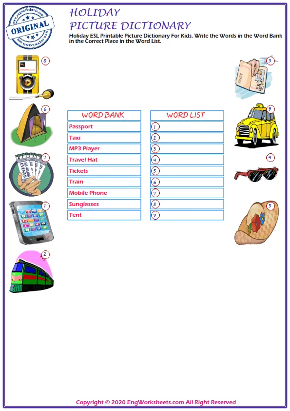 Holiday ESL Printable Picture Dictionary For Kids. Write the Words in the Word Bank in the Correct Place in the Word List.