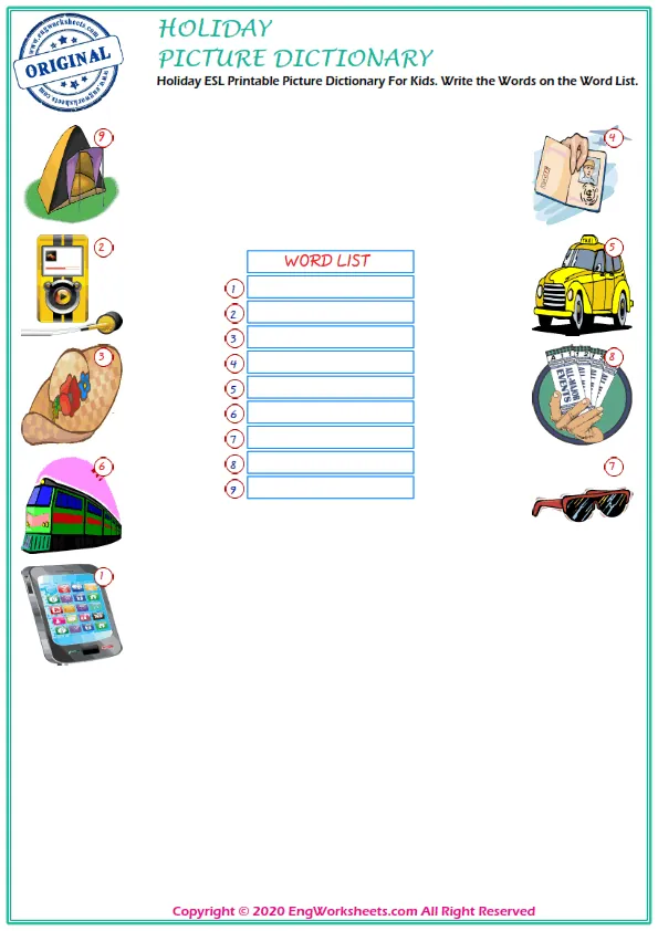 Holiday ESL Printable Picture Dictionary For Kids. Write the Words on the Word List. Worksheet Preview