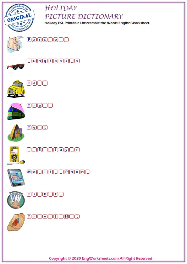 Holiday ESL Printable Unscramble the Words English Worksheet.