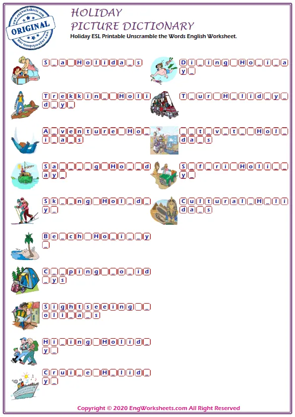 Holiday ESL Printable Unscramble the Words English Worksheet.