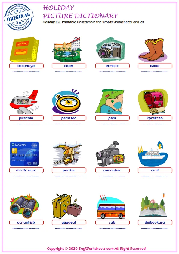 Holiday ESL Printable Unscramble the Words Worksheet For Kids Worksheet Preview