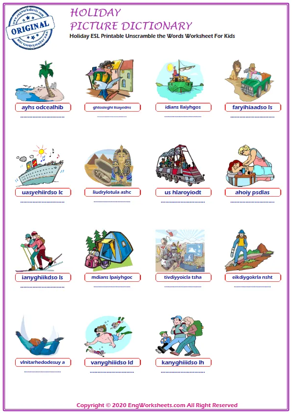 Holiday ESL Printable Unscramble the Words Worksheet For Kids