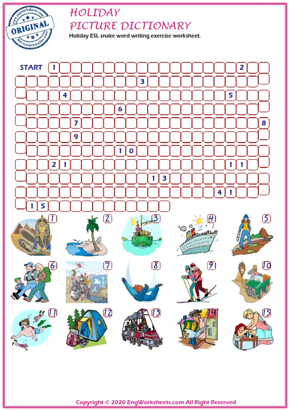 Holiday ESL snake word writing exercise worksheet.