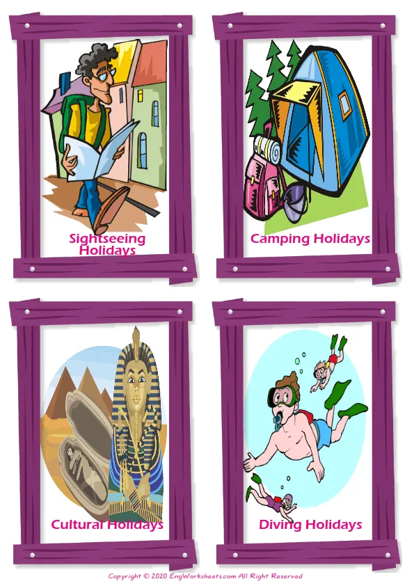 Holiday vocabulary worksheet with words, four images per page