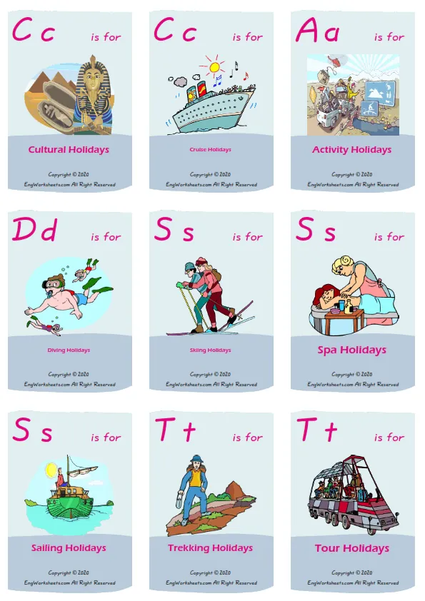 Holiday vocabulary worksheet with words, nine images per page