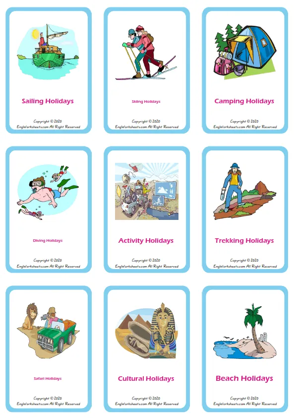 Holiday vocabulary worksheet with words, nine images per page