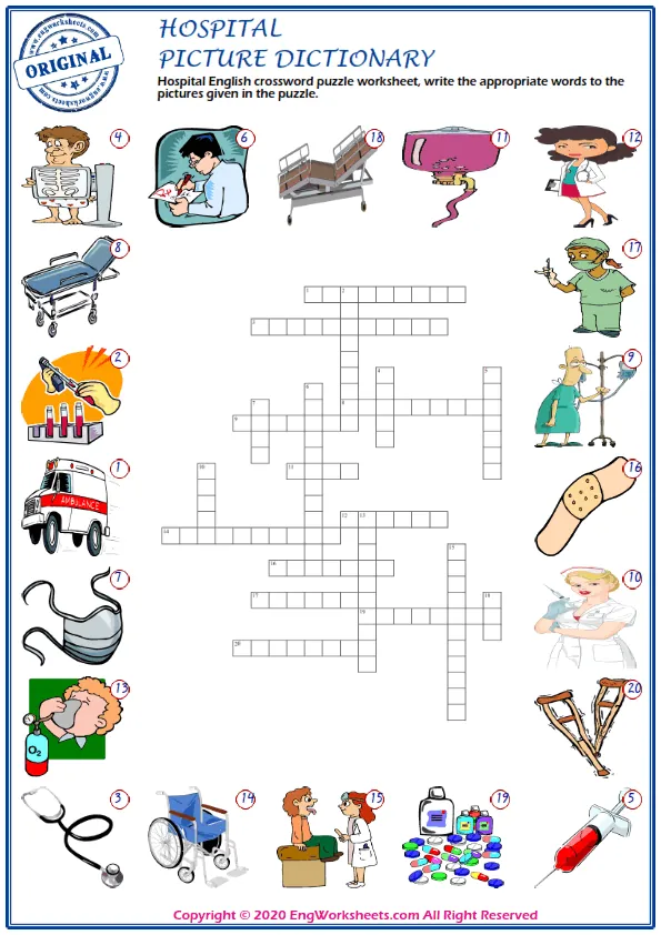 Hospital English crossword puzzle worksheet, write the appropriate words to the pictures given in the puzzle. Worksheet Preview