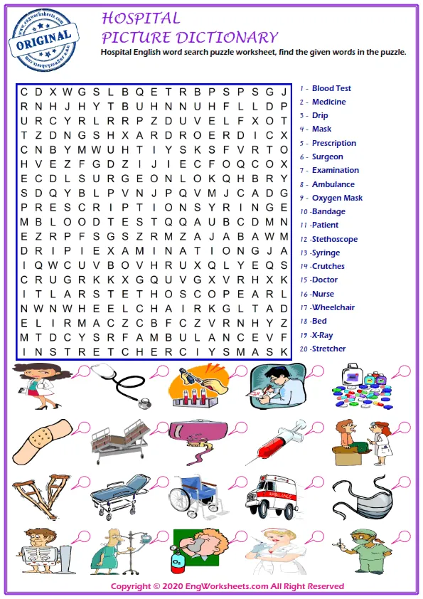 Hospital English word search puzzle worksheet, find the given words in the puzzle. Worksheet Preview