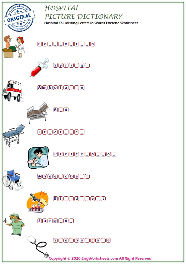 Hospital ESL Missing Letters In Words Exercise Worksheet