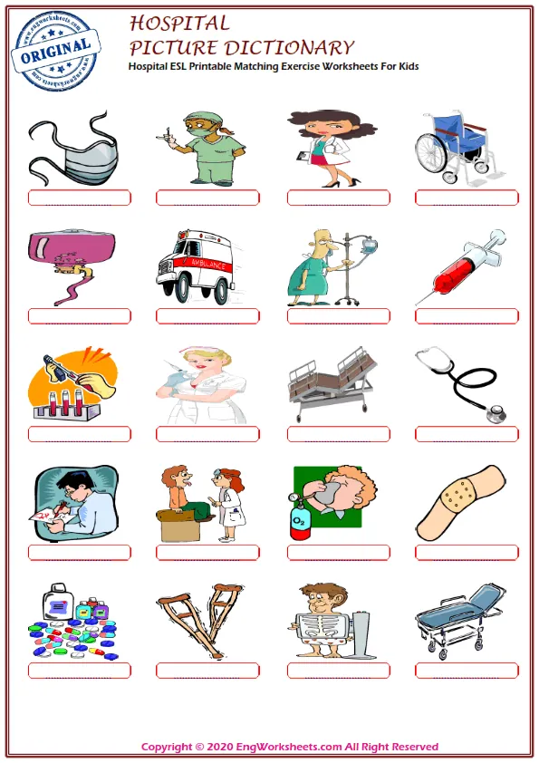 Hospital ESL Printable Matching Exercise Worksheets For Kids Worksheet Preview