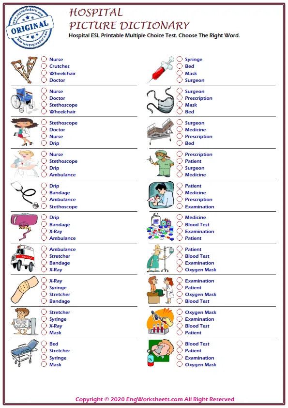 Hospital ESL Printable Multiple Choice Test. Choose The Right Word. Worksheet Preview
