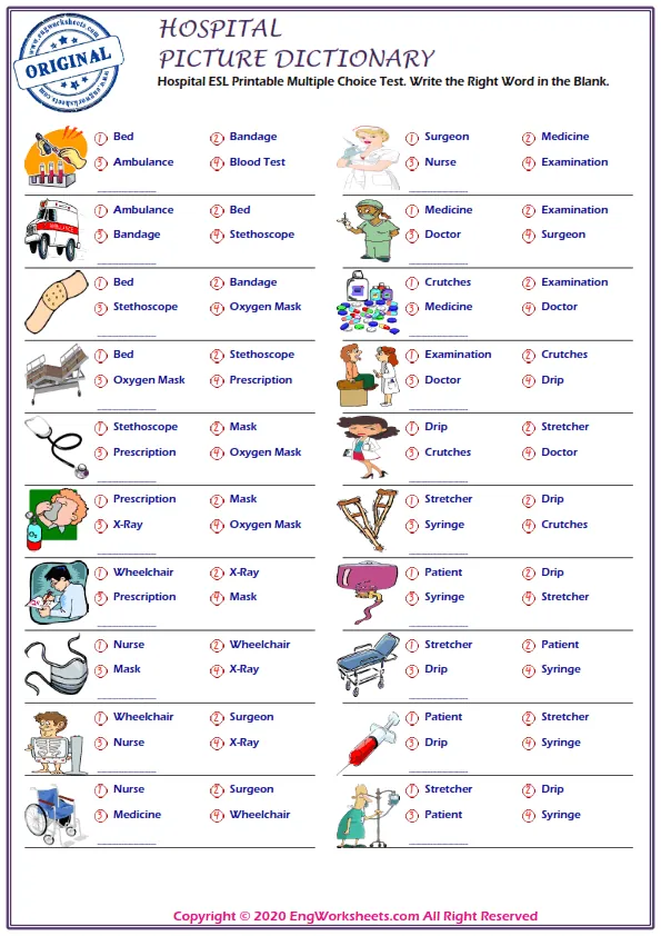 Hospital ESL Printable Multiple Choice Test. Write the Right Word in the Blank. Worksheet Preview