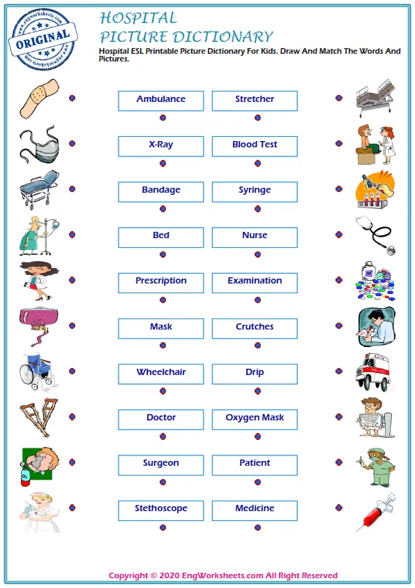 Hospital ESL Printable Picture Dictionary For Kids. Draw And Match The Words And Pictures. Worksheet Preview