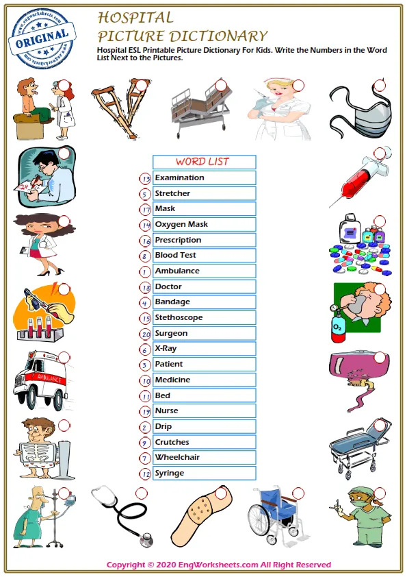 Hospital ESL Printable Picture Dictionary For Kids. Write the Numbers in the Word List Next to the Pictures. Worksheet Preview