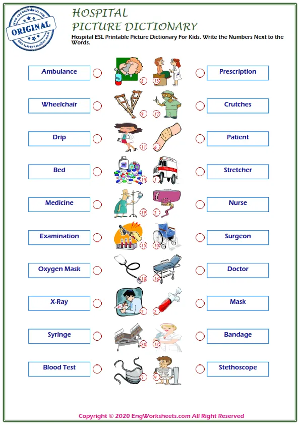 Hospital ESL Printable Picture Dictionary For Kids. Write the Numbers Next to the Words. Worksheet Preview