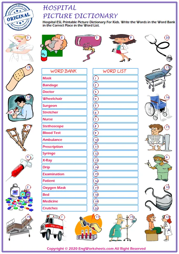 Hospital ESL Printable Picture Dictionary For Kids. Write the Words in the Word Bank in the Correct Place in the Word List. Worksheet Preview
