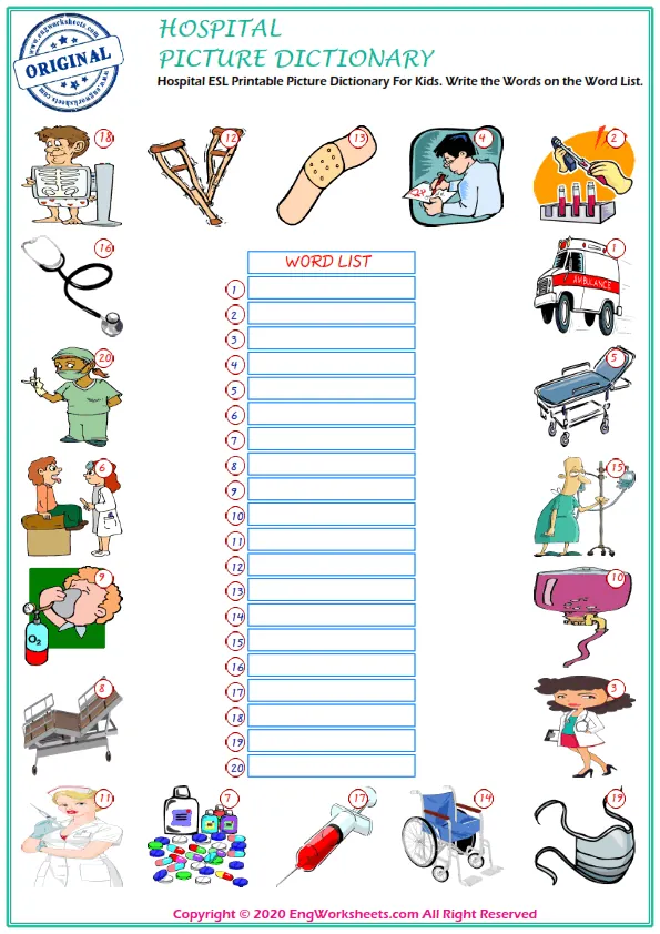 Hospital ESL Printable Picture Dictionary For Kids. Write the Words on the Word List. Worksheet Preview