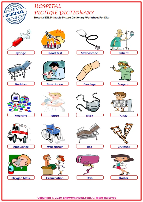 Hospital ESL Printable Picture Dictionary Worksheet For Kids Worksheet Preview
