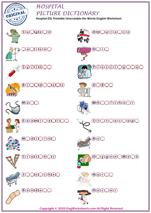 Hospital ESL Printable Unscramble the Words English Worksheet. Worksheet Preview