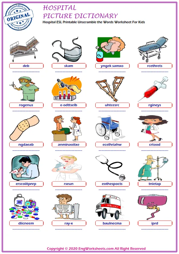 Hospital ESL Printable Unscramble the Words Worksheet For Kids Worksheet Preview