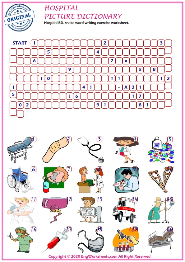 Hospital ESL snake word writing exercise worksheet. Worksheet Preview